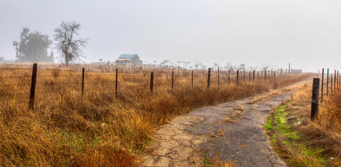 Fototapeta na wymiar Country road with fence and fog