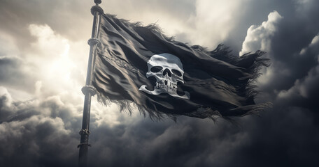 Piratenflagge gefährlicher Totenkopf, Freibeuter der Meere, Jolly Rogers auf einer Fahne - obrazy, fototapety, plakaty