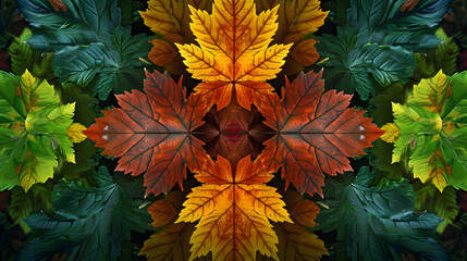 A pattern of colorful autumn leaves is shown, in the style of symmetry and balance