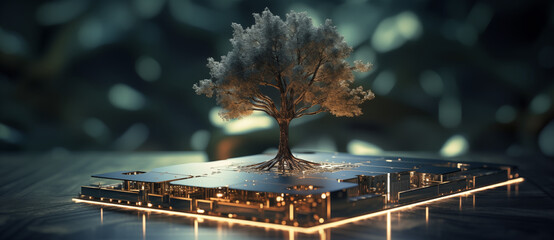 Ein Baum, der aus dem Prozessor einer Computerplatine sprießt. Symbolisiert Green Computing, Green Technology, CSR, IT-Ethik, grüne Hardware und das Konzept der umweltverträglichen Technologie