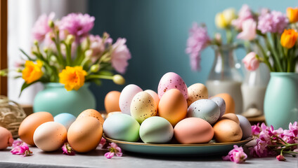 Easter eggs in pastel colors, beautiful flowers in the kitchen springtime