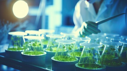 Detailed image of a lab technician using genetic modification techniques on plant cells. - obrazy, fototapety, plakaty
