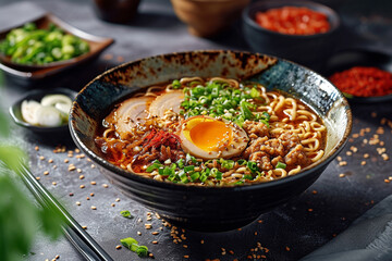 Asian noodle soup, ramen with chicken, tofu, vegetables and egg in black bowl.