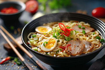 Asian noodle soup, ramen with chicken, tofu, vegetables and egg in black bowl.