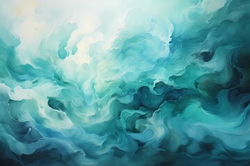 Luminous pools of liquid jade and azure, merging in a serene ballet to form an enchanting abstract background texture for a calming wallpaper - obrazy, fototapety, plakaty