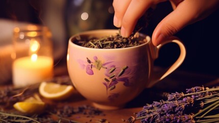 Fototapeta na wymiar Closeup of a hand pouring herbal tea into a ceramic mug, with dried lavender buds and a lemon wedge on the side.