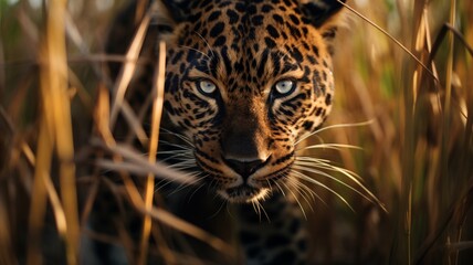 Stealthy jaguar stalking through tall grass, its spotted coat blending seamlessly with the environment -Generative Ai