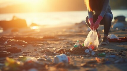 Closeup of a teen cleaning up litter from a beach - obrazy, fototapety, plakaty