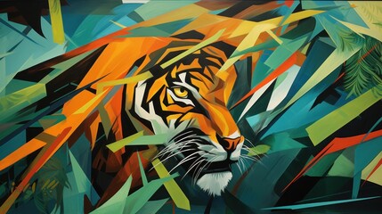 Bold shapes, fragmented forms, abstract patterns, multiple perspectives, jungle creatures, vibrant hues, intersecting lines Ai Generative