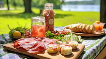 Picnic in nature at the dining table full of dishes with food and light snacks, summer decor against the backdrop of green grass. Concept: outdoor recreation, delicious food
