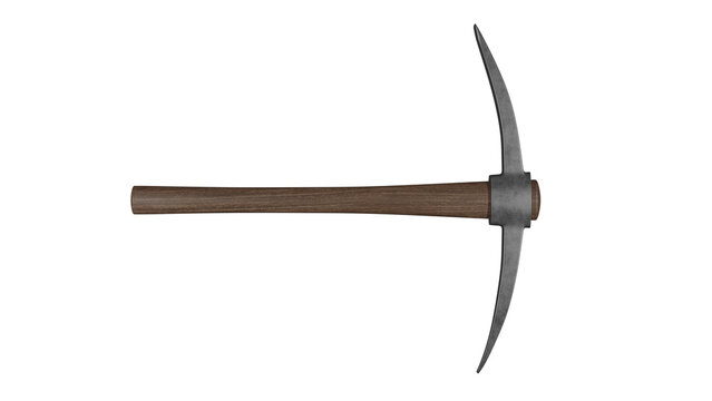 Mining pick or pickaxe with dark wood handle isolated on transparent and white background. Miner concept. 3D render