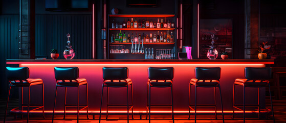 interior of a classic retro low light bar with high back chairs at night

