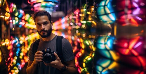 Fototapeta premium Man on colored lights background Ai Generative
