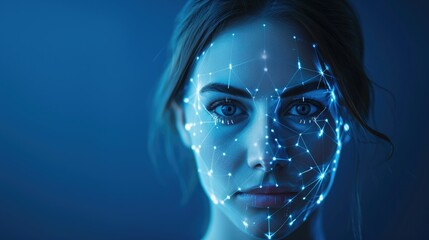 A woman's face glows under blue light, overlaid with glowing white biometric pattern lines, symbolizing futuristic facial recognition technology - obrazy, fototapety, plakaty