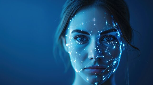 A woman's face glows under blue light, overlaid with glowing white biometric pattern lines, symbolizing futuristic facial recognition technology