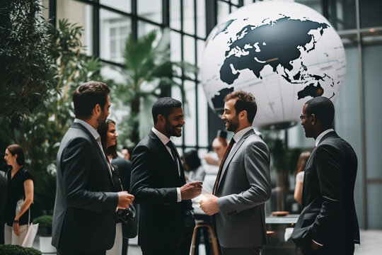 Group of multiethnic business people in formalwear standing in modern office and talking.