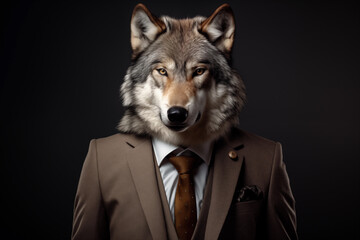 Portrait of a wolf in a suit and tie on a black background. Anthropomorphic animals concept. - obrazy, fototapety, plakaty