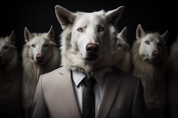 Group of white husky dogs in a suit. Studio shot. Anthropomorphic animals concept. - obrazy, fototapety, plakaty