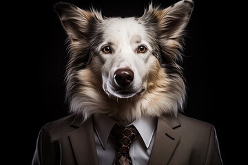 Portrait of a border collie dog in a suit and tie on a black background. Anthropomorphic animals concept. - obrazy, fototapety, plakaty