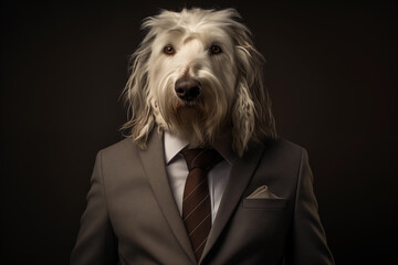 Studio portrait of a white dog in a suit and tie on a dark background. Anthropomorphic animals concept. - obrazy, fototapety, plakaty