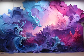 Mesmerizing swirls of iridescent purples and blues blending seamlessly in a liquid dance, creating a captivating abstract wallpaper