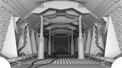 3D rendering of a detailed dark and scary spacecraft corridor with unique style © archangelworks