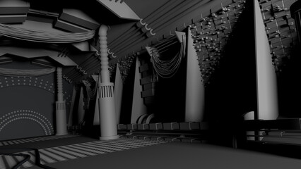 3D rendering of a detailed dark and scary spacecraft corridor with unique style