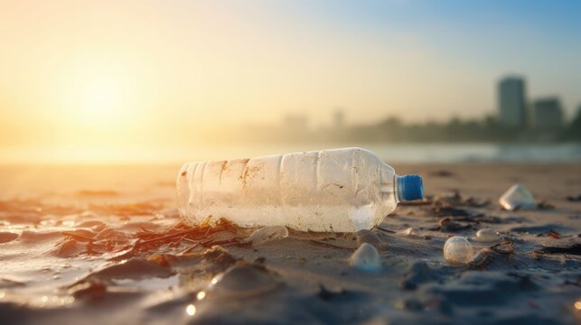 Detailed image of a plastic water bottle halfburied in the sand of a polluted beach.