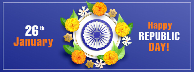Greeting banner for Republic Day of India with flowers and Ashoka chakra wheel (spinning wheel). Vector illustration.