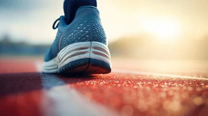 Fotobehang Closeup of a running shoe on a track, representing the importance of perseverance and dedication in achieving personal and professional growth goals. © Justlight