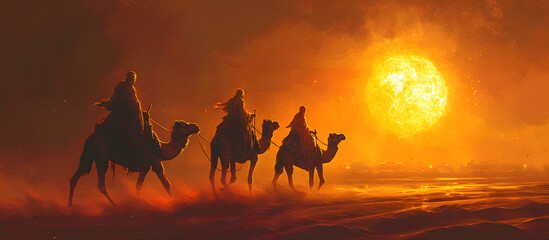 camels in the desert at night - obrazy, fototapety, plakaty