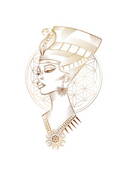 Head of Nefertiti against the background of the flower of life, sacred geometry. Vector monochrome tattoo - an ancient Egyptian magical symbol of Luck and Love.