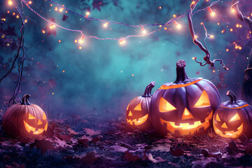 Fototapeta premium scary halloween purple background with lit pumpkins and string lights 