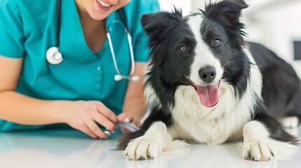 Female vet nurse conducting health checkup on happy border collie dog in veterinary clinic