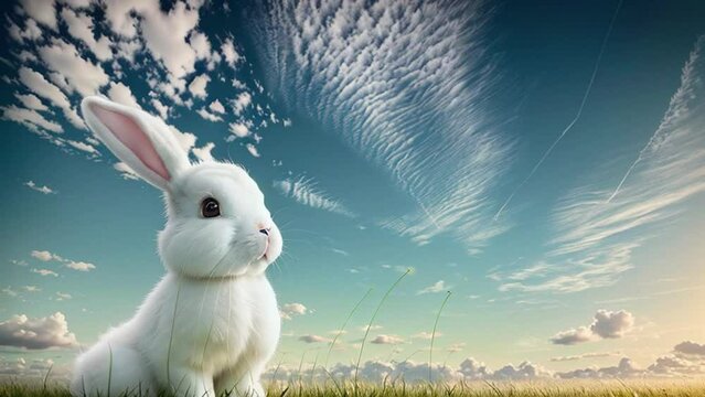 Easter card with a white rabbit against a blue sky with clouds