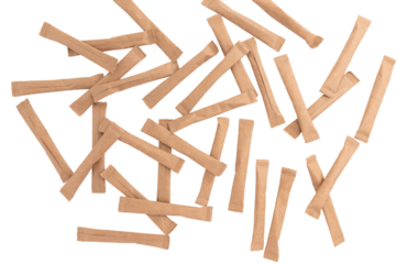 heap of sugar sticks, sugar in paper kraft packaging, mock up for design isolated