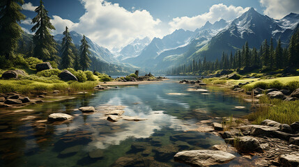 photo of a beautiful view of a lake surrounded by mountains