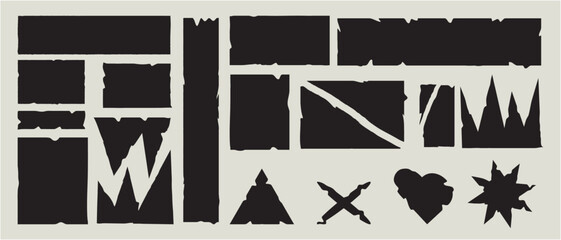 Vector illustration of ripped, jagged and torn paper. Isolated grey background. Dark colored paper