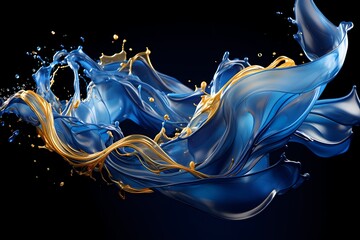 Molten gold and deep blue liquids burst forth in a dramatic collision, crafting a visually striking abstract display that ignites the senses