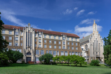 Villers-lès-Nancy, France - June 15, 2020: Focus on an Art Deco style building of a former...