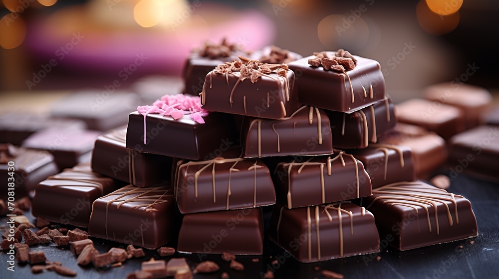 Poster assorted chocolates on blurred bokeh background vertical composition with empty space for text