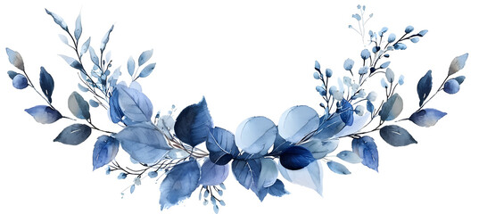 a watercolor wreath decorated with blue leaves	
