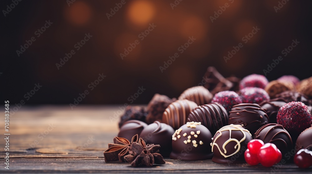 Poster assorted chocolates on blurred bokeh background vertical composition with empty space for text