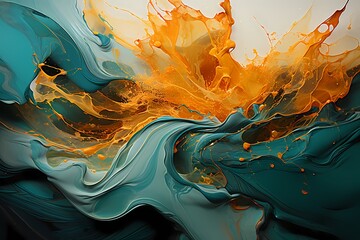 Molten gold and emerald green liquids clash in a breathtaking dance, their collision producing an intense abstract spectacle captured in high definition. - obrazy, fototapety, plakaty