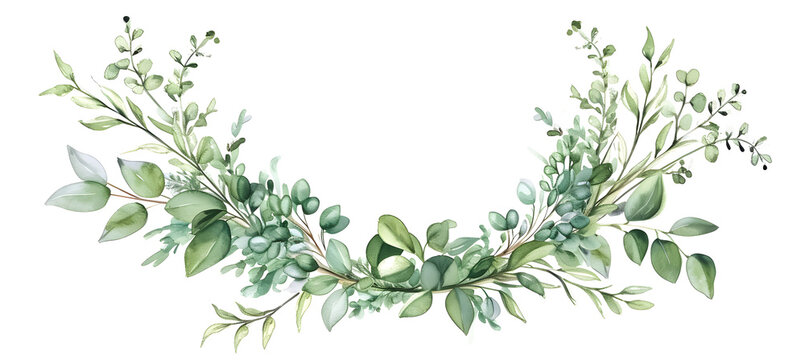 a watercolor wreath decorated with green leaves	
