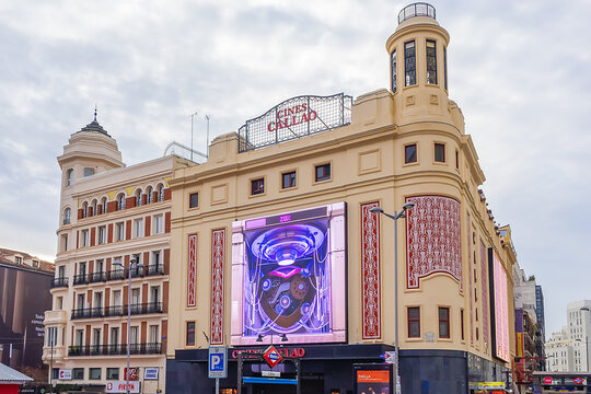 Art Deco Madrid's Callao cinema (Cine Callao) was built in 1926 (designed by Luis Gutierrez Soto) in Plaza de Callao. MADRID, SPAIN. January 8, 2024.