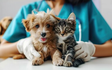 Puppy and kitten at the veterinarian. Veterinary examination of dogs and cats. Animal clinic - obrazy, fototapety, plakaty