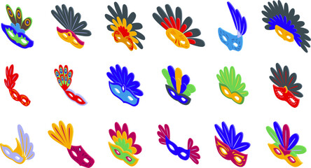 Face mask feathers icons set isometric vector. Carnival show festival. Costume ornament