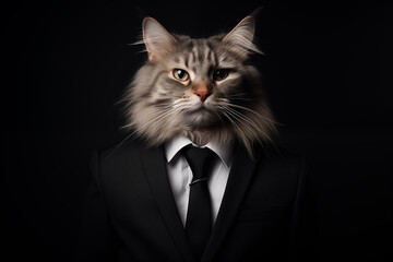 Portrait of a long-haired cat in a suit on a black background. Anthropomorphic animals concept.