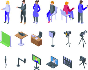 Blogger interview icons set isometric vector. Live streaming. Male female social